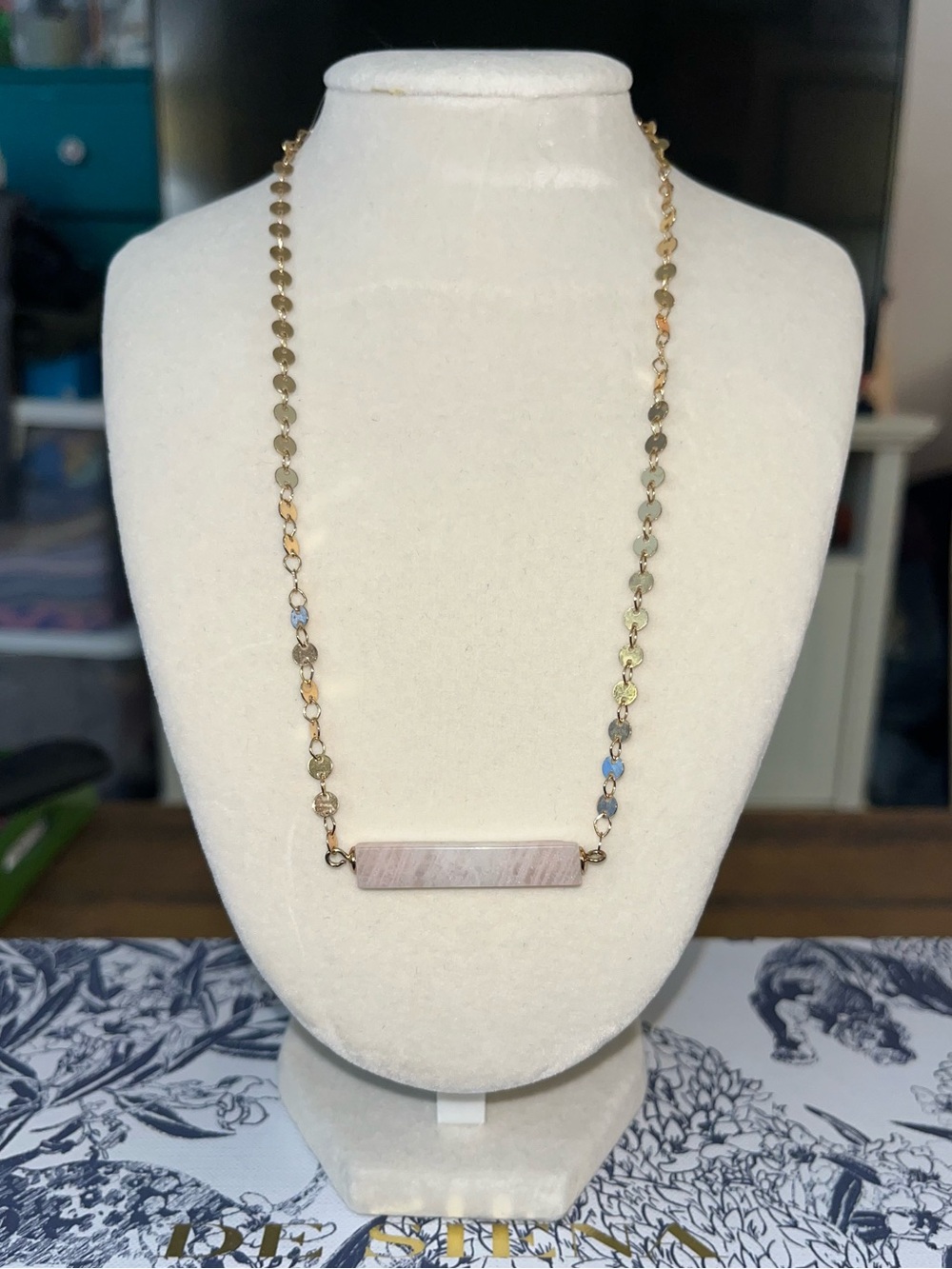 ✨ Gold-Tone Disc Chain Necklace with Blush Pink Stone Bar | Boho Chic | ✨